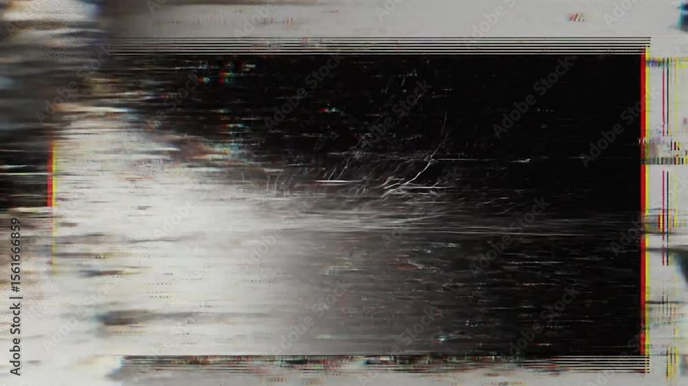 Poster glitch art depicting a dark, rectangular screen with white scratches and colorful static distortion