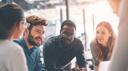 Group of diverse young professionals engaged in a collaborative team discussion in modern office environment.