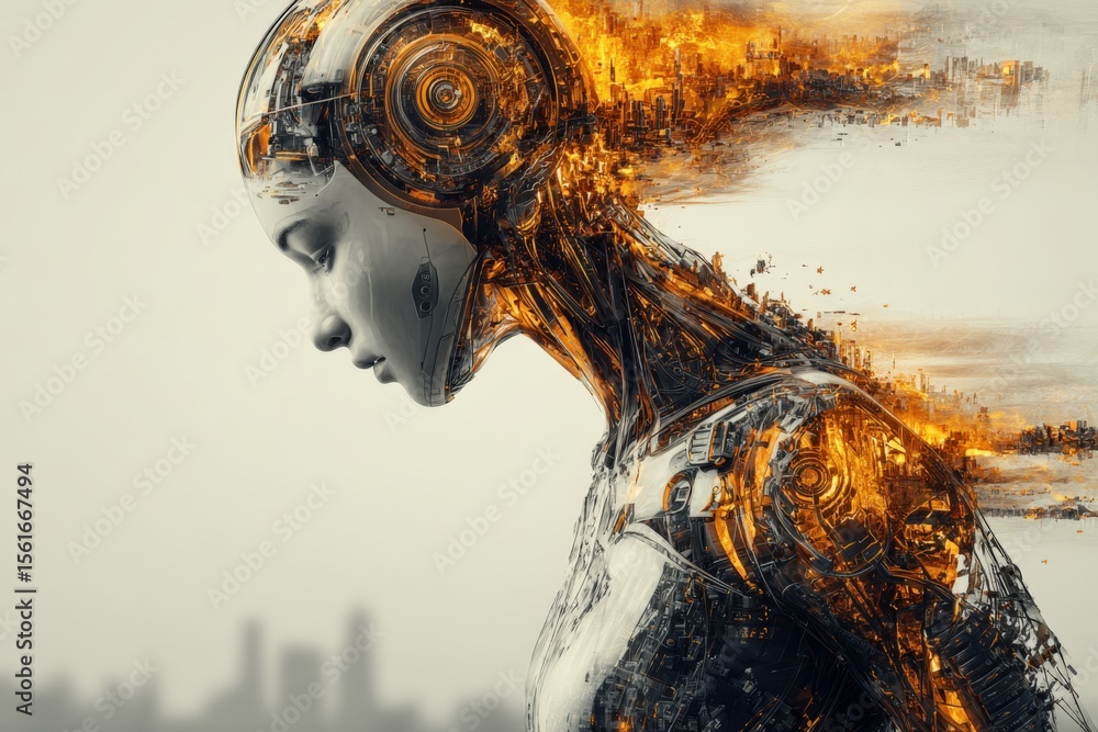 Poster futuristic android female robot with intricate mechanical details and glowing elements.