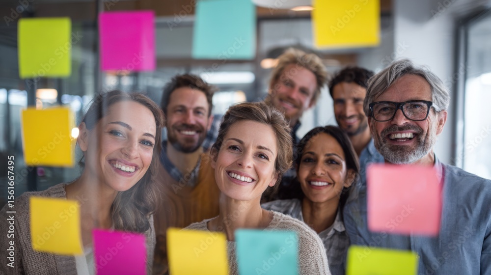 Poster group of diverse smiling professionals collaborating in modern office with colorful sticky notes.