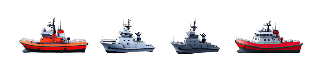 Fototapeta premium Three similar small motor boats in different colors