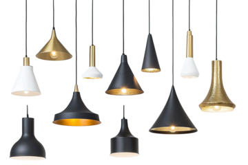 Assorted pendant lamps in cone shapes, various metallic finishes