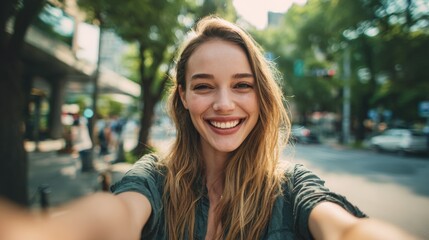 Bright cheerful young woman taking selfie outdoors smiling on busy city street.
