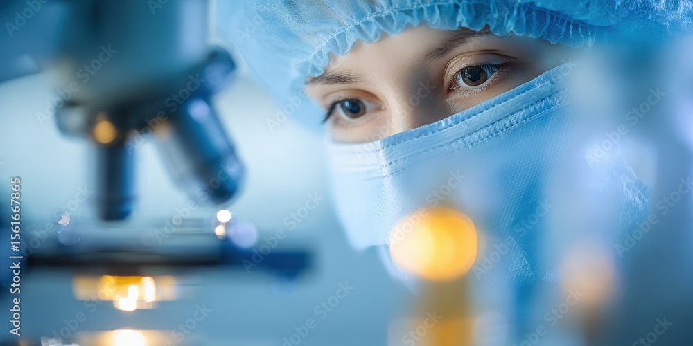 Poster close up of a female scientist in a surgical mask and cap using microscope in laboratory.