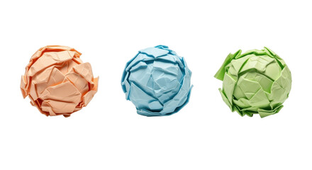 Three colorful crumpled paper balls isolated PNG with Transparent Background