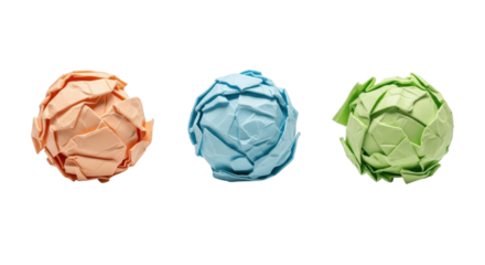 Three colorful crumpled paper balls isolated PNG with Transparent Background