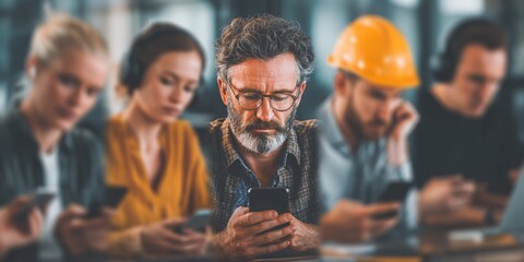 Diverse group of professionals using smartphones in a modern office setting indoors.