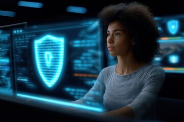 Modern cybersecurity digital shield security protection technology abstract concept.