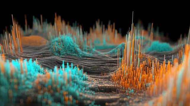 Vibrant abstract visualization of sound waves, showcasing a dynamic interplay of colors and shapes in a digital landscape.