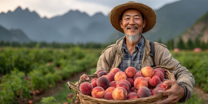 Smiling elderly farmer holding a basket full of fresh peaches in a lush orchard during daytime. - Powered by Adobe