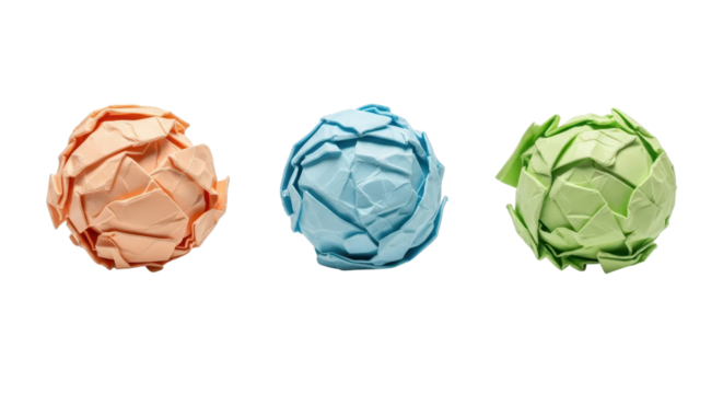 Three colorful crumpled paper balls isolated PNG with Transparent Background - Powered by Adobe