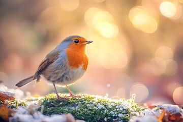 Charming robin bird perched on moss in soft focus nature scene outdoor environment photography perspective wildlife concept