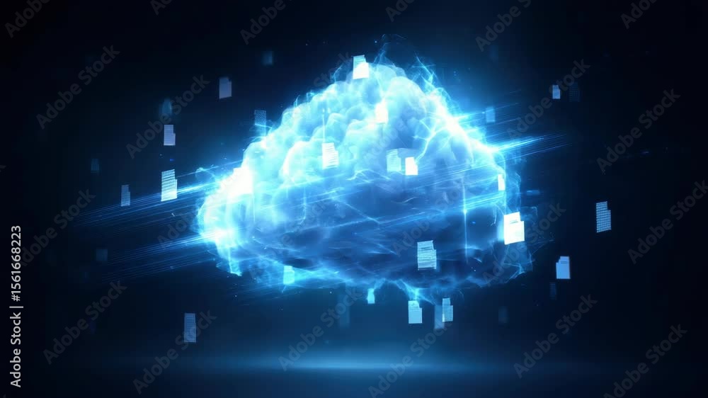 Poster a futuristic cloud, symbolizing data storage and connectivity with luminous elements in a digital la