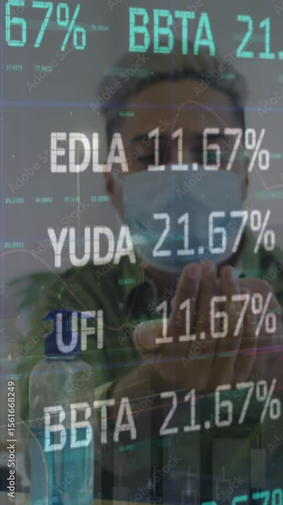Poster animation of stock market data processing over man using hand sanitizer at office