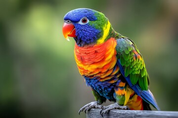 Naklejka premium Colorful parakeet perched on a branch in a lush forest vibrant wildlife photography
