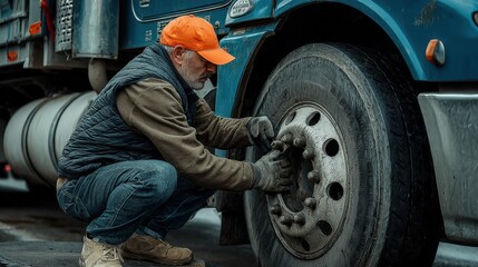 Male mechanic inspecting repairing truck tire in outdoor service station during daytime.