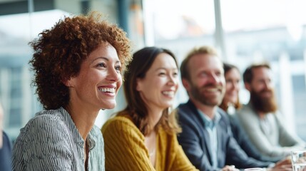 Obraz premium Diverse group of smiling people attending a professional workshop or seminar in a modern conference room.