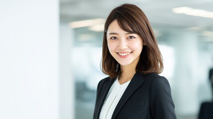 Fototapeta premium Professional young woman with shoulder-length brown hair smiling in bright office environment.