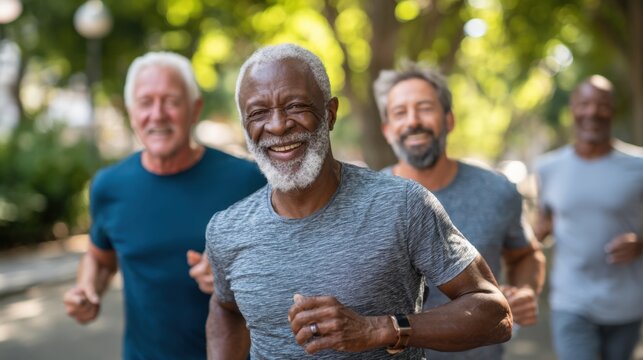 Diverse group of senior men exercising outdoors in a park on a sunny day.