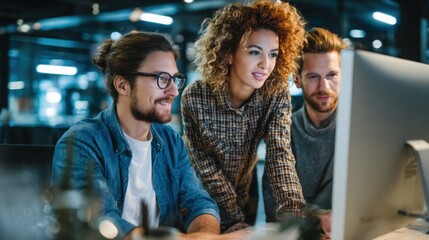 Obraz premium Group of three diverse young professionals working collaboratively on laptop in modern office space.