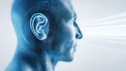 Obraz premium Digital futuristic human head profile with 3D wireframe and light effects visualization.