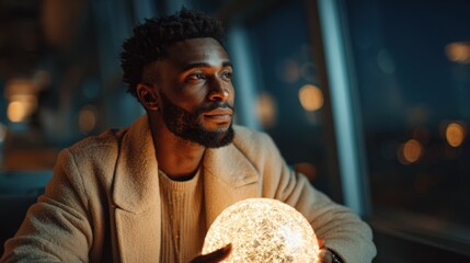Thoughtful young man gazing outside at night while holding glowing sphere in indoor setting.