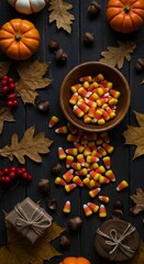 Fototapeta premium Autumn treats display on dark wood