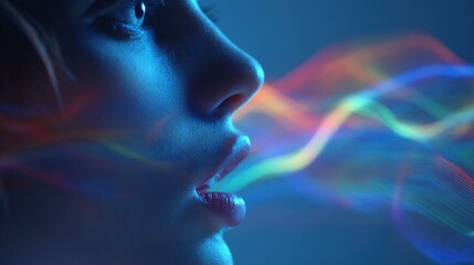 Obraz premium Close-up of a young woman's face with colorful light trails emitting from her mouth in a futuristic digital art style.