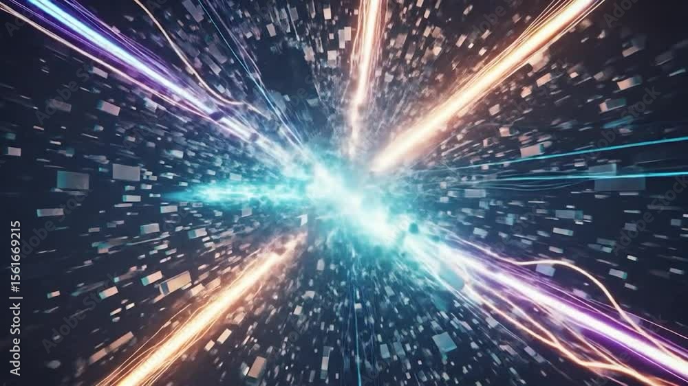 Poster glowing energy streaks through a field of fast-moving, rectangular particles