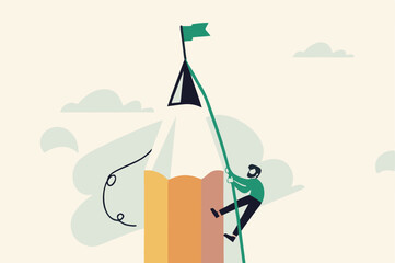 Young creative man climbing pencil mountain aiming to reach winning flag at peak