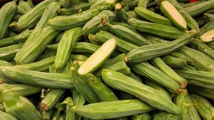 Fototapeta premium Fresh Green Okra Pile Close Up View, Many Okra Pods