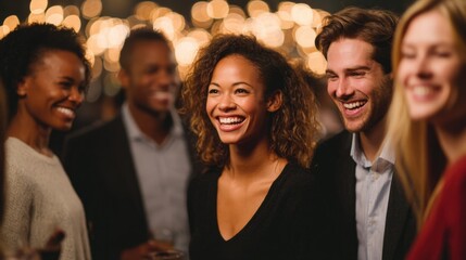 Diverse group of smiling young adults socializing at celebration party night.