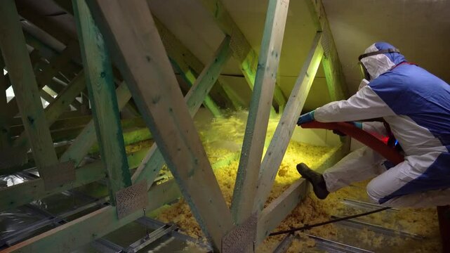 Technician sprays attic insulation through hose between angled wood trusses