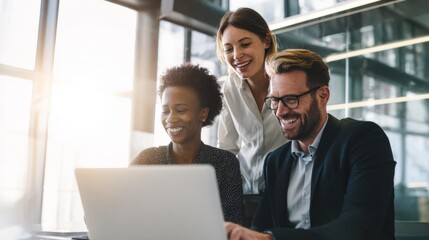 Happy diverse business colleagues collaborating and smiling while working on laptop in modern office.