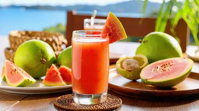 Refreshing pink guava juice with fresh fruits on tropical terrace.