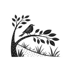 Stylized black and white illustration of a bird perched on a tree branch with leaves and grass