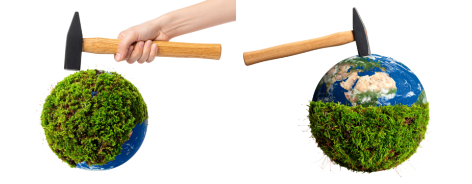 Conceptual Hammer Impacting Grass-Covered Earth Globe for Environmental Conservation, Isolated PNG