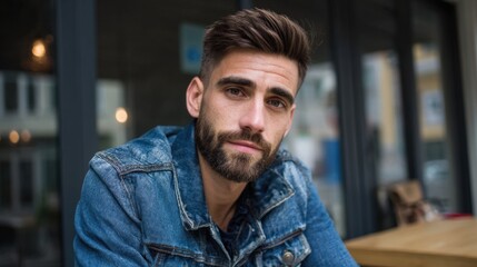 Obraz premium Close Up Portrait of a Stylish Young Man with Beard Wearing Denim Jacket in Urban Cafe Setting.