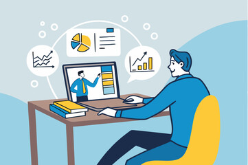 Online study learning course or internet education webinar, remote e-learning, teaching online or exam, test, knowledge wisdom concept, young man study online course on computer laptop at home