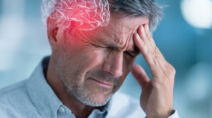 Elderly man experiencing a severe headache with highlighted brain pain area indoors.