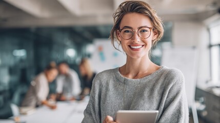 Fototapeta na wymiar Young smiling woman with glasses holding tablet in modern office environment.