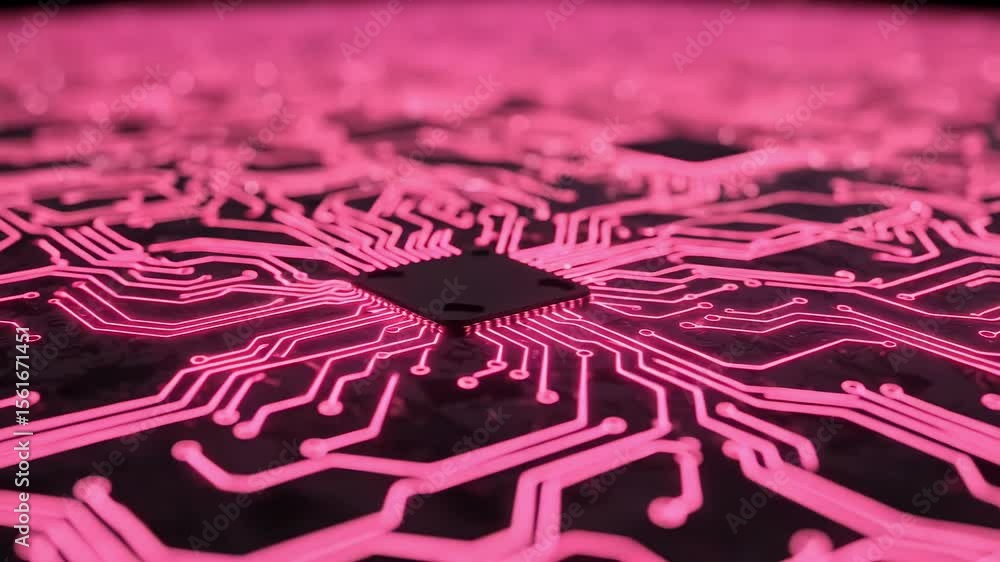 Poster a closeup of a pink circuit board with a microchip in the center glows with futuristic technology