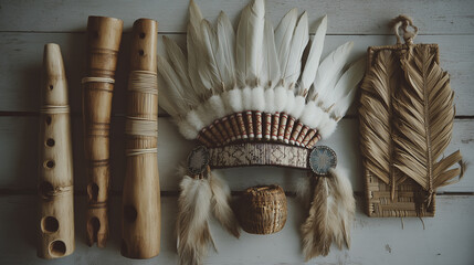 White feather Indigenous headdress with handcrafted wooden flutes and decor symbolizing spiritual traditions and tribal heritage for Indigenous Peoples cultural observance