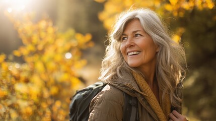 Smiling mature woman hiking outdoors in autumn landscape with colorful trees and sunny weather.