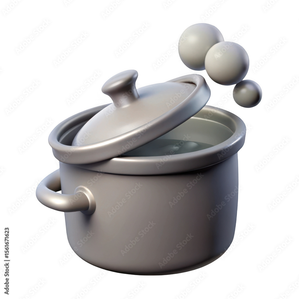 Poster 3d render of a gray cooking pot with lid ajar and floating spheres isolated on transparent backgroun