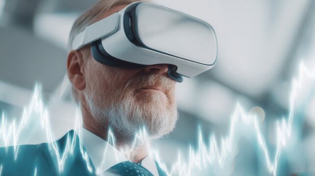 Elderly man using virtual reality headset with digital futuristic heart rate and data graphics.