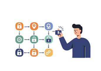 man interacts with security icons illustrating a secure data flow Modern illustration style clean design and a focus on digital protection Suitable for tech and security themes