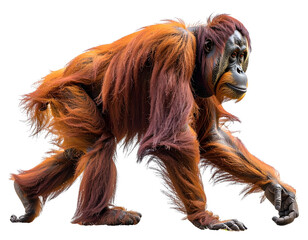 Orang-Utan in natürlicher Vierbein-Haltung beim Gehen, realistisch freigestellt auf transparentem Hintergrund