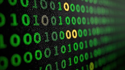 lose-up view of green binary code on black screen with highlighted digits