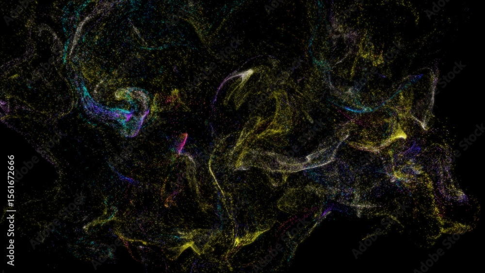 Poster yellow moving background particles. slow motion of flying colorful particles with glow effects. dust